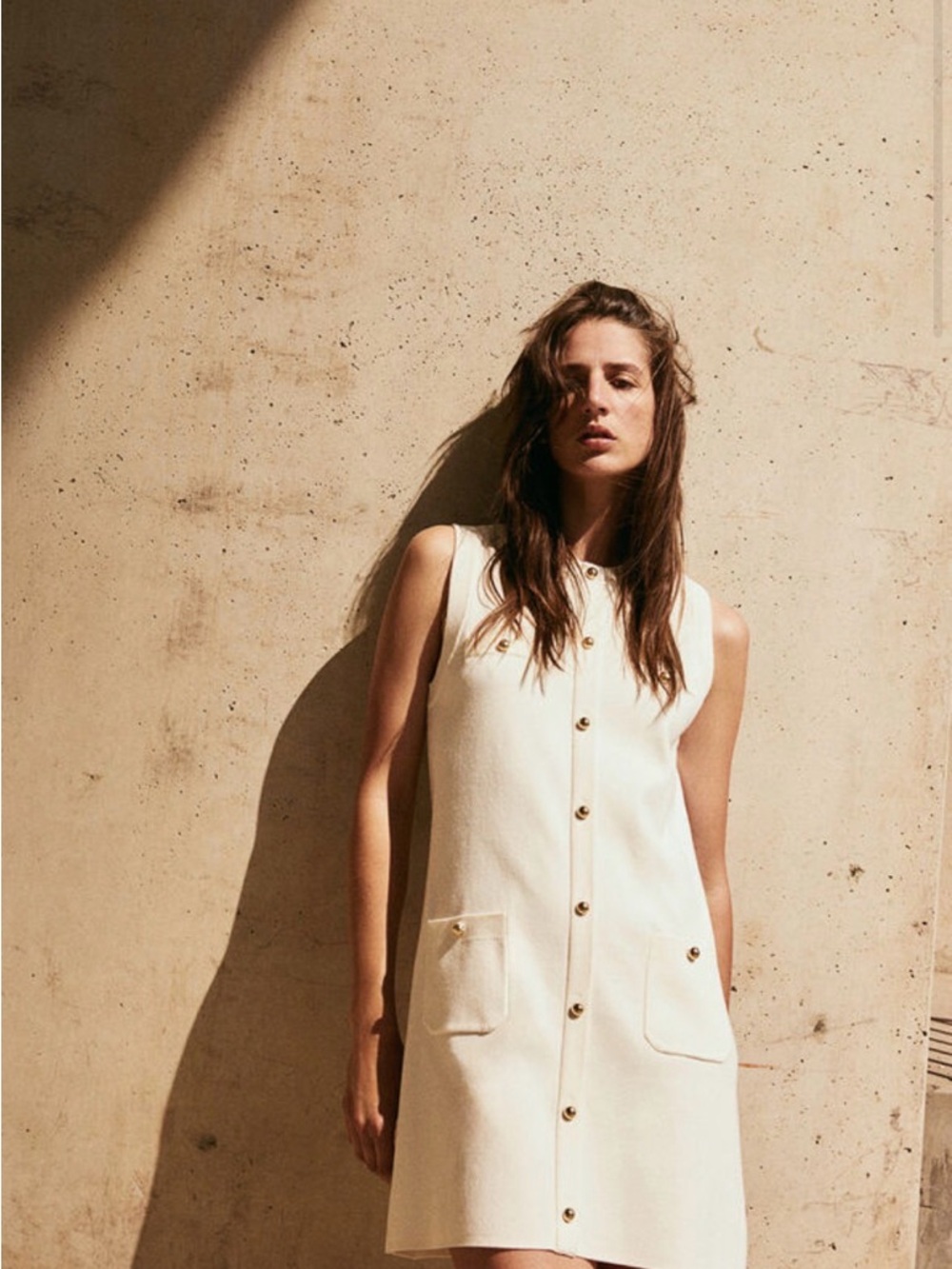 H&M Cream Sleeveless Button-Front Shift Dress